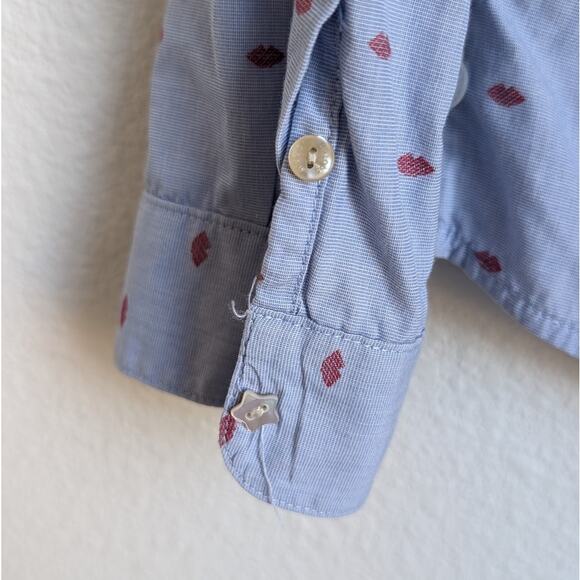 Scotch & Soda Red Lips Print Blue Button-Down Long Sleeve Top Shirt, size 2 - Picture 5 of 8